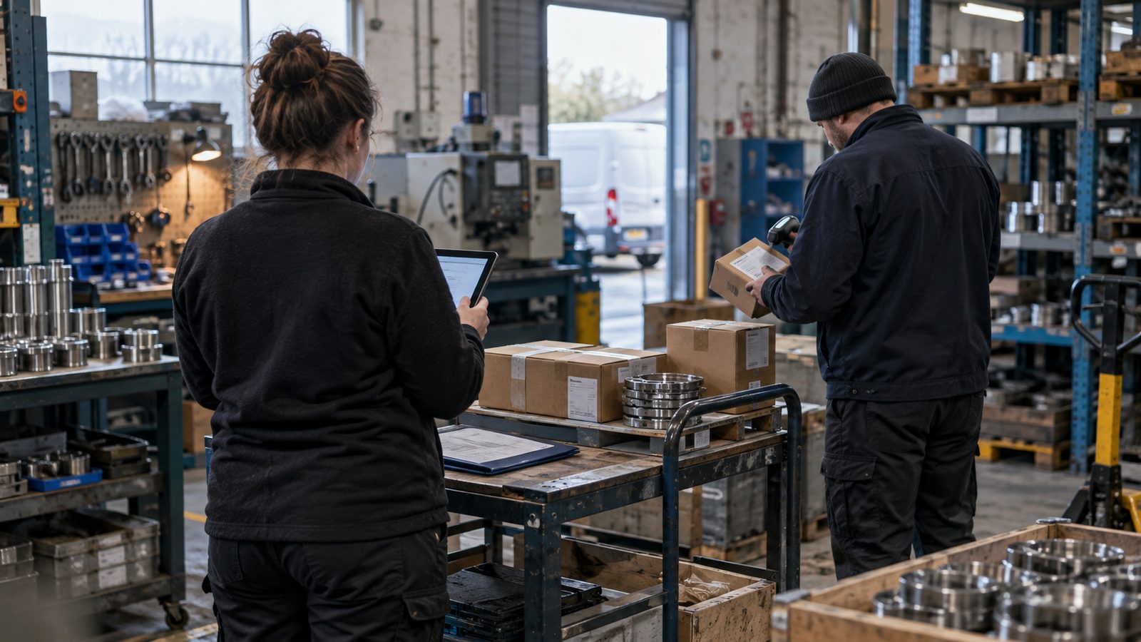A small British engineering workshop at late afternoon, with a finance administrator seen from behind checking a tablet beside a dispatch trolley while a colleague scans a packed component for collect