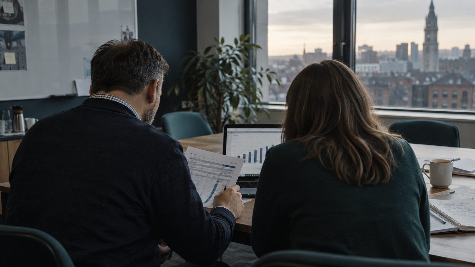 Photograph a quiet operations meeting room in a UK office at early morning: an IT lead and finance colleague, seen from behind, compare a printed 36-month cost spreadsheet with a laptop showing a simp