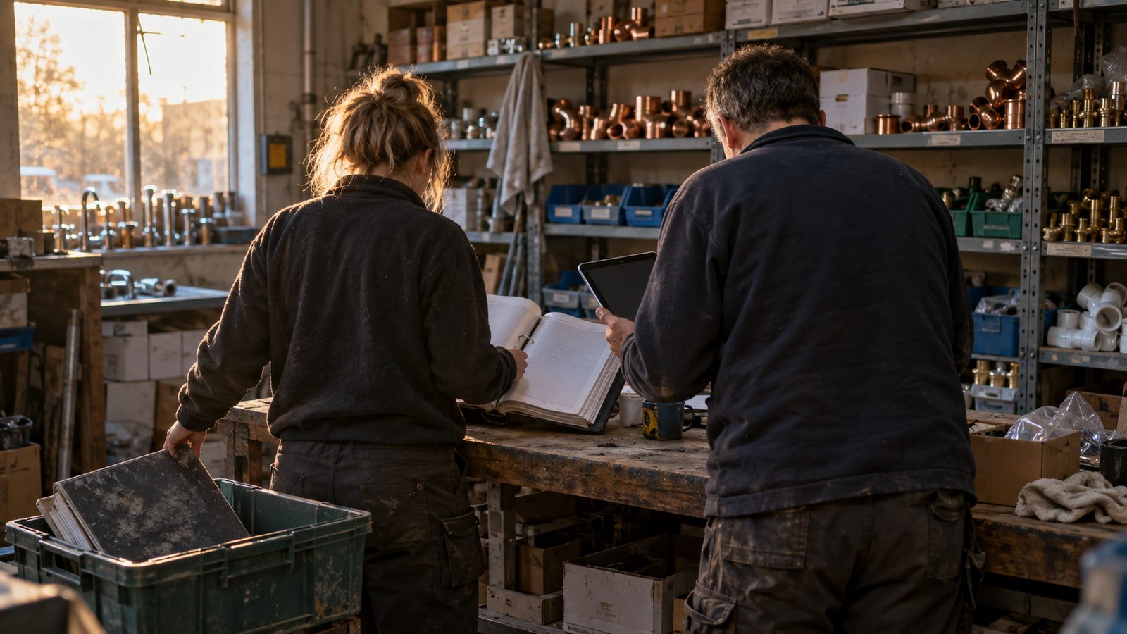 A realistic editorial photograph inside a small British trade supplier's stockroom, late afternoon window light falling across shelves of plumbing components. Two staff members, photographed from behi