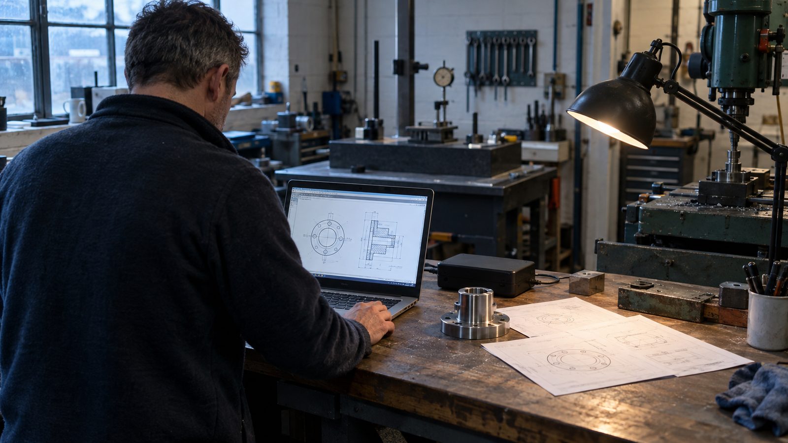 Early morning inside a small British engineering workshop, an IT technician seen from behind checks a recovered technical drawing on a laptop beside a working inspection bench. Printed component drawi