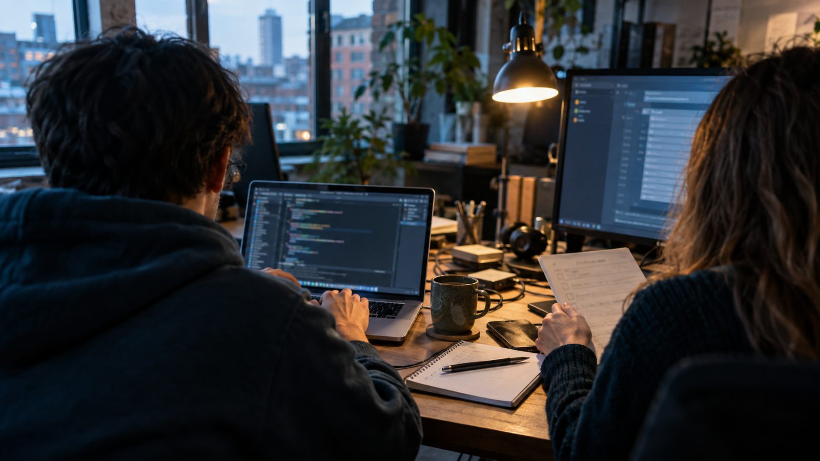 A small British software studio during a late-afternoon code review, photographed over the shoulders of two developers with faces outside the frame. One laptop shows an indistinct code editor while a