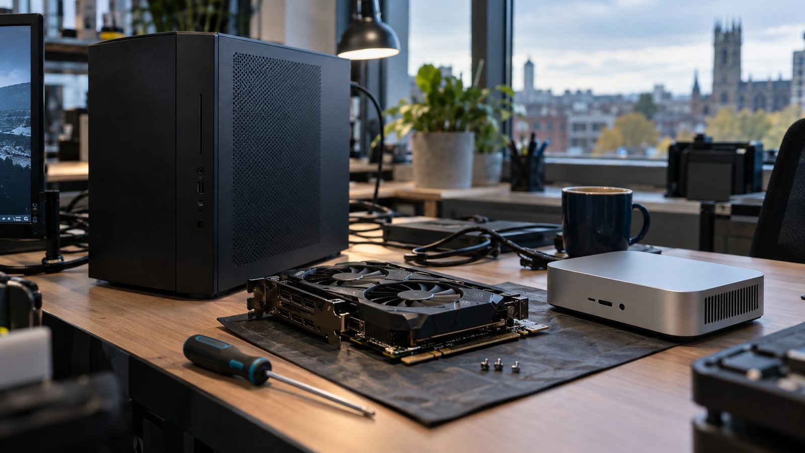 A compact desktop computer and small aluminium computer beside an exposed graphics card on a tidy British office desk, with no text, logos or faces.