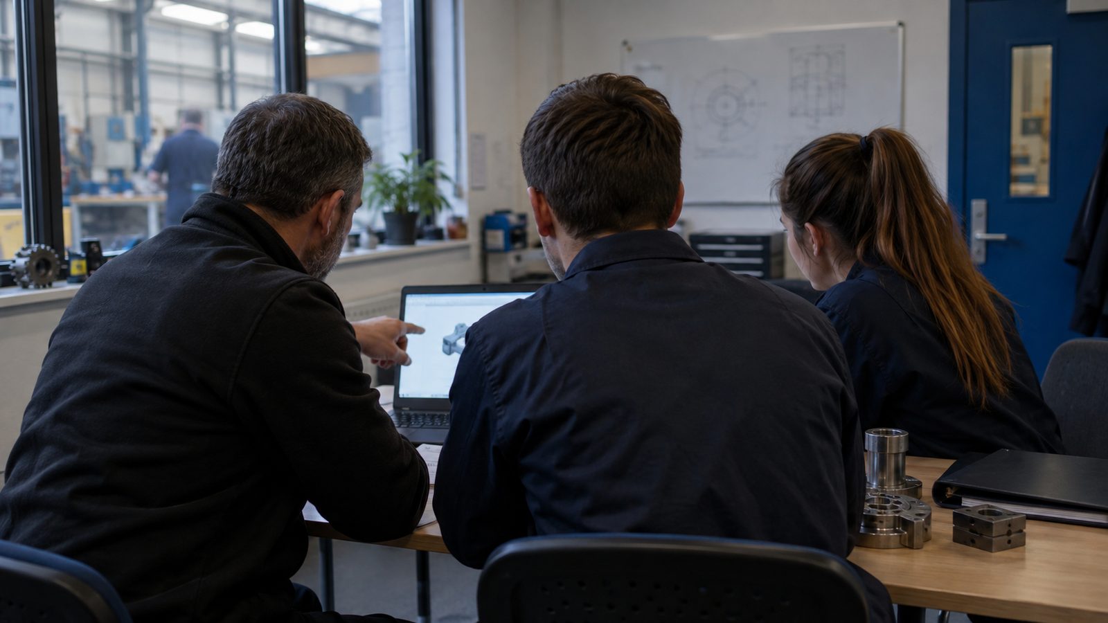 A small British engineering firm's training room beside its workshop on an overcast morning. An external trainer guides two employees through a laptop exercise using unbranded equipment, with componen