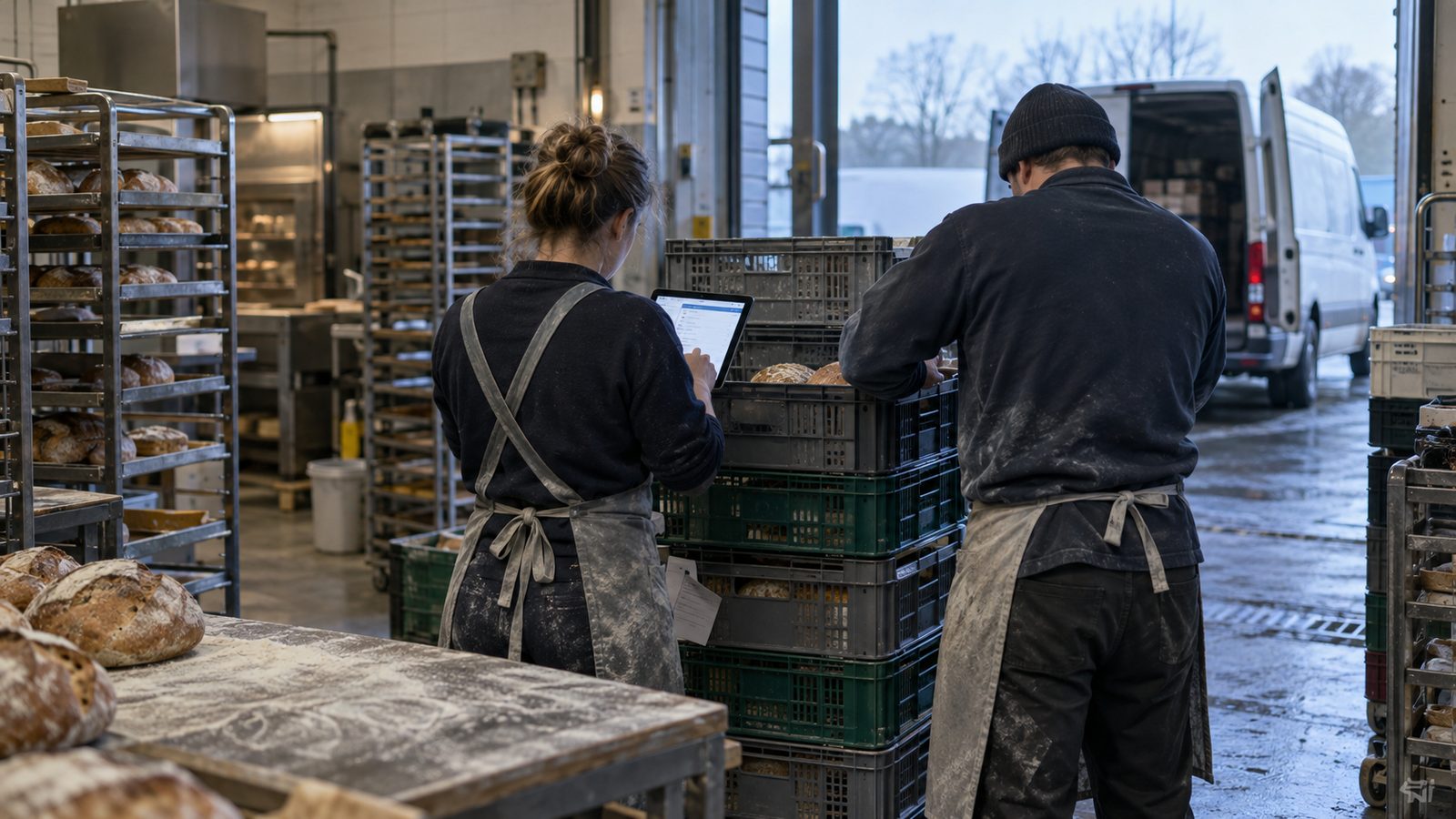 Inside a small British wholesale bakery at early morning dispatch, two staff members seen from behind reconcile stacked delivery crates with an invoice approval screen on a handheld tablet. Stainless