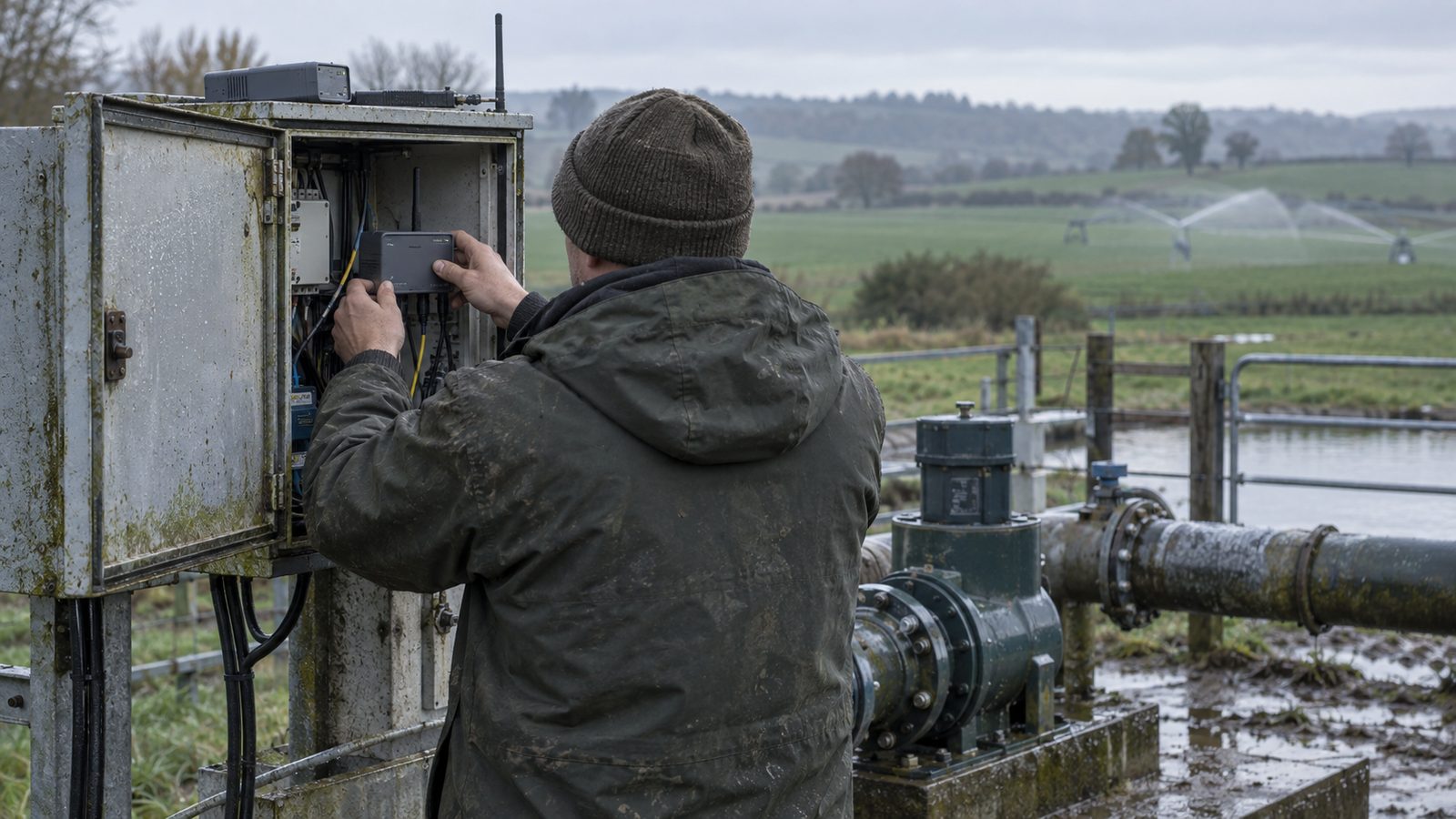 A technician seen from behind replacing a small cellular telemetry unit inside a weathered equipment cabinet beside a British farm irrigation pump. An antenna, labelled-free wiring and the removed mod