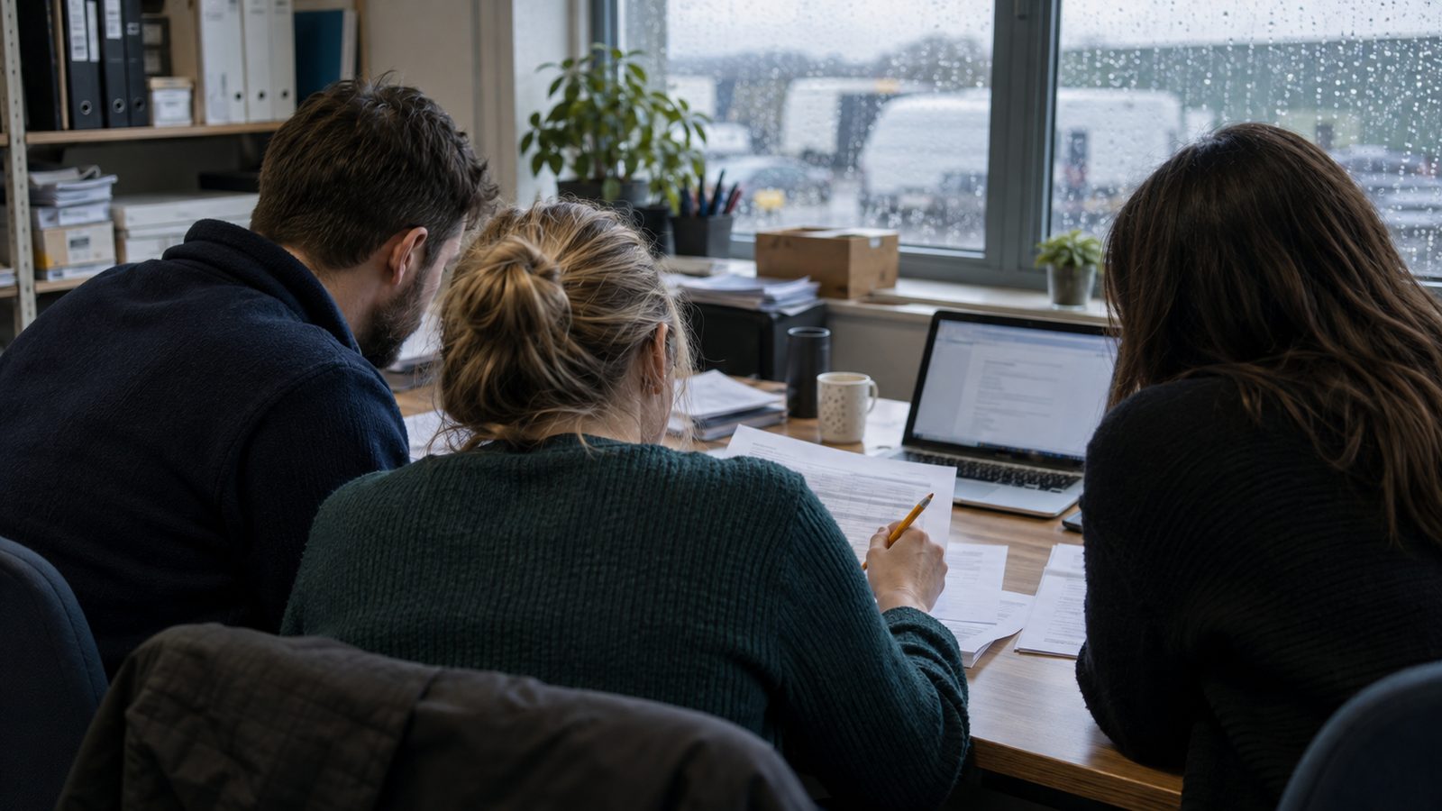 A realistic editorial photograph inside a small British distribution company's meeting room on a rainy morning. Three colleagues, photographed from behind with no identifiable faces, compare printed a