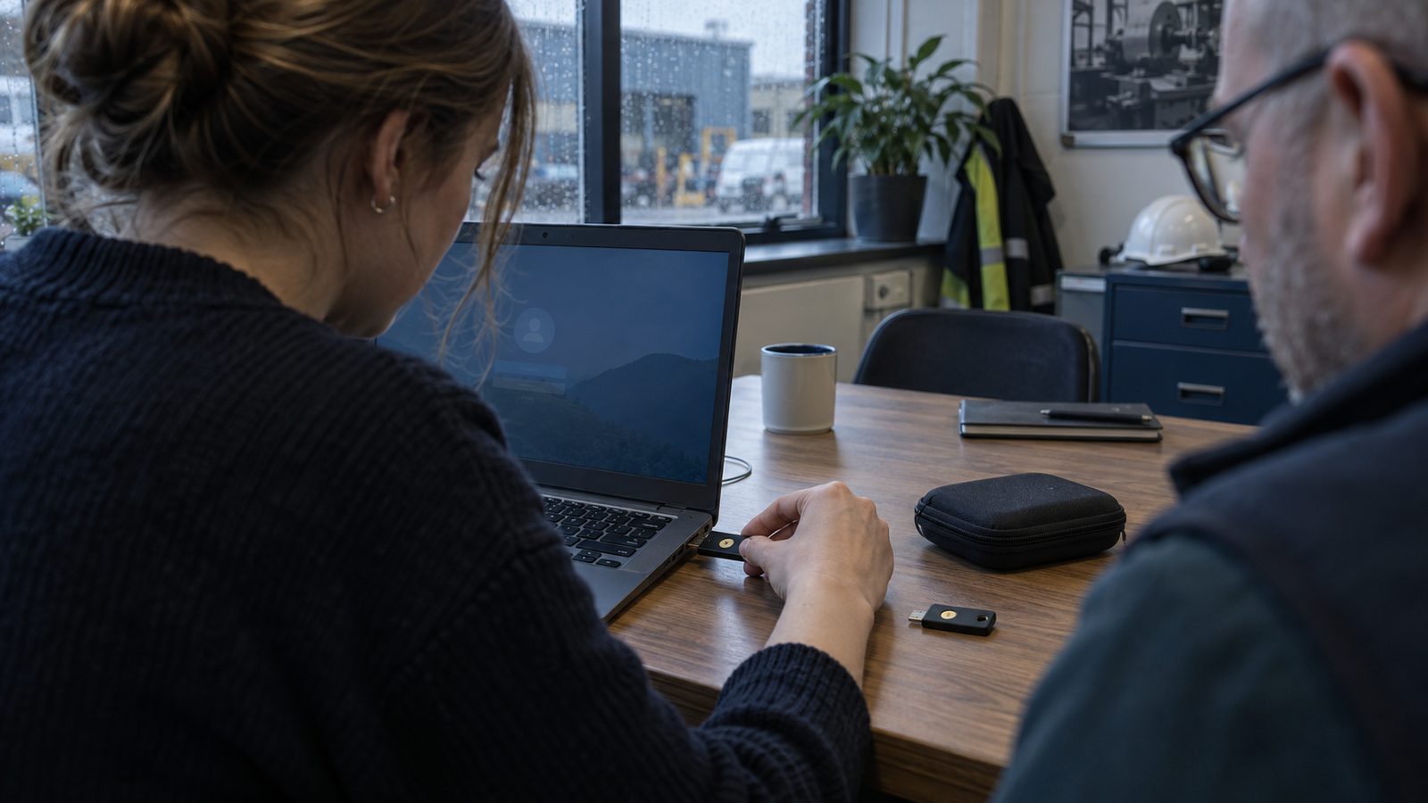 A small British engineering firm's induction room on a weekday morning, photographed over the shoulders of a new employee and an IT coordinator. The employee inserts an unbranded security key into a c