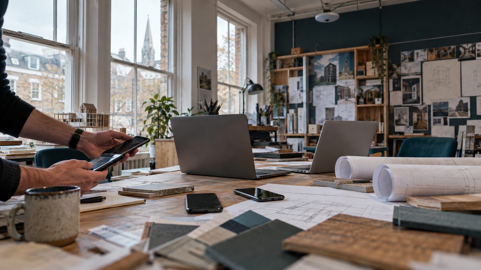 A small British architecture studio during a morning equipment pilot, with two open laptops and three different smartphones arranged on a shared project table beside rolled building plans. An IT techn