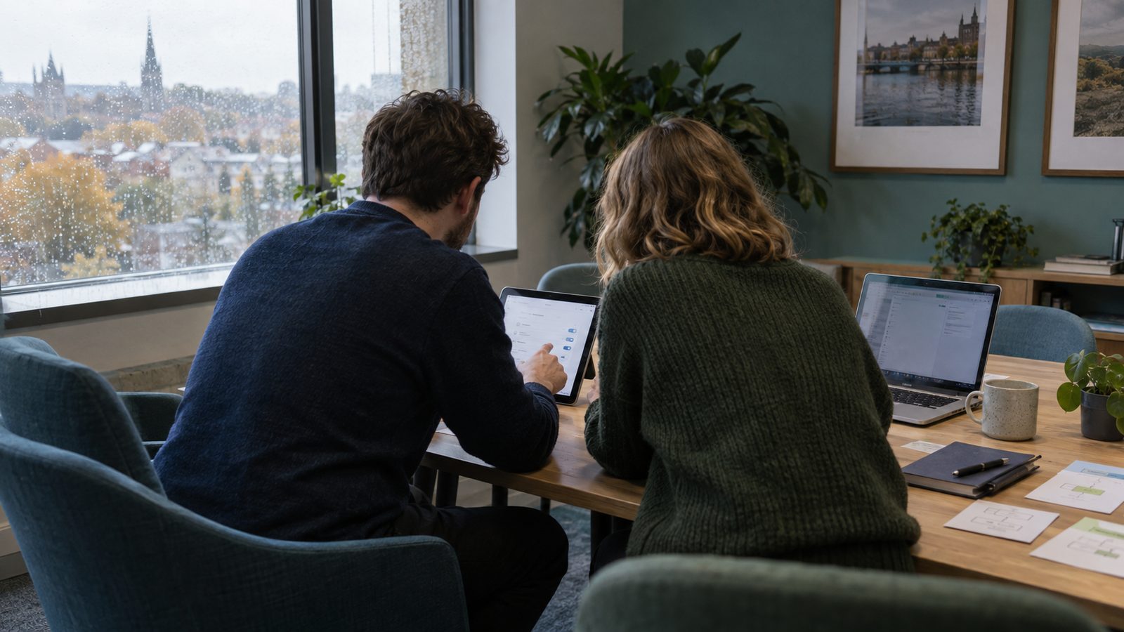 A realistic editorial photograph inside a small British software company's meeting room on a rainy autumn morning. Two colleagues, seen from behind with no identifiable faces, test a data-sharing perm