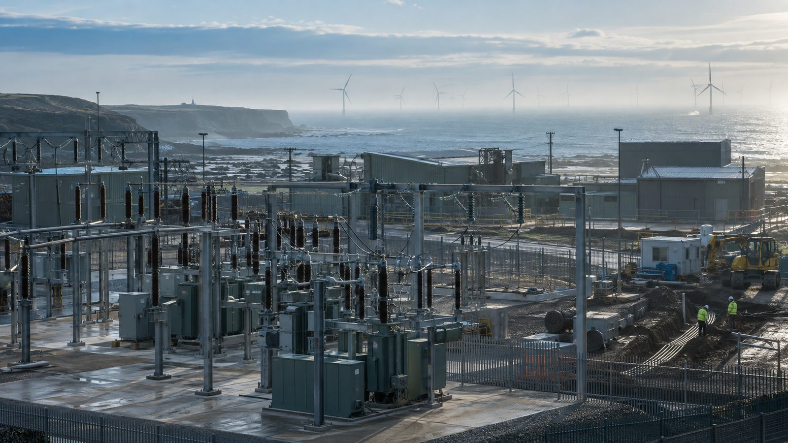 A realistic editorial photograph of an industrial site on the Northumberland coast, with a high-voltage substation in the foreground, low industrial buildings beyond and offshore wind turbines visible