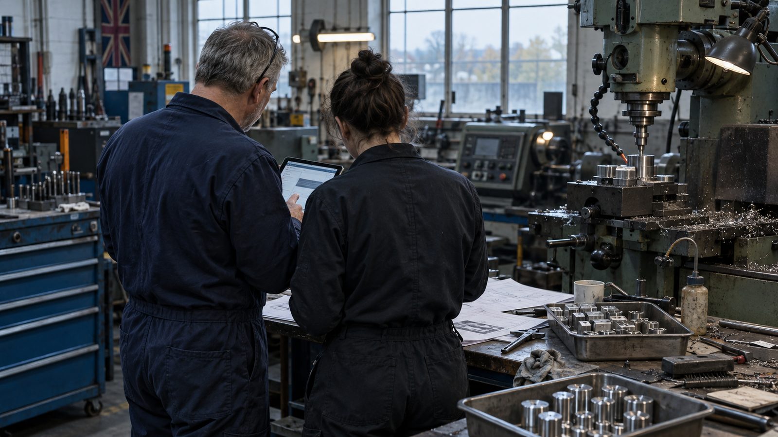 Inside a small British metalworking factory on an overcast autumn morning, an owner and technician seen from behind compare a tablet showing an unbranded production interface with paper job sheets bes
