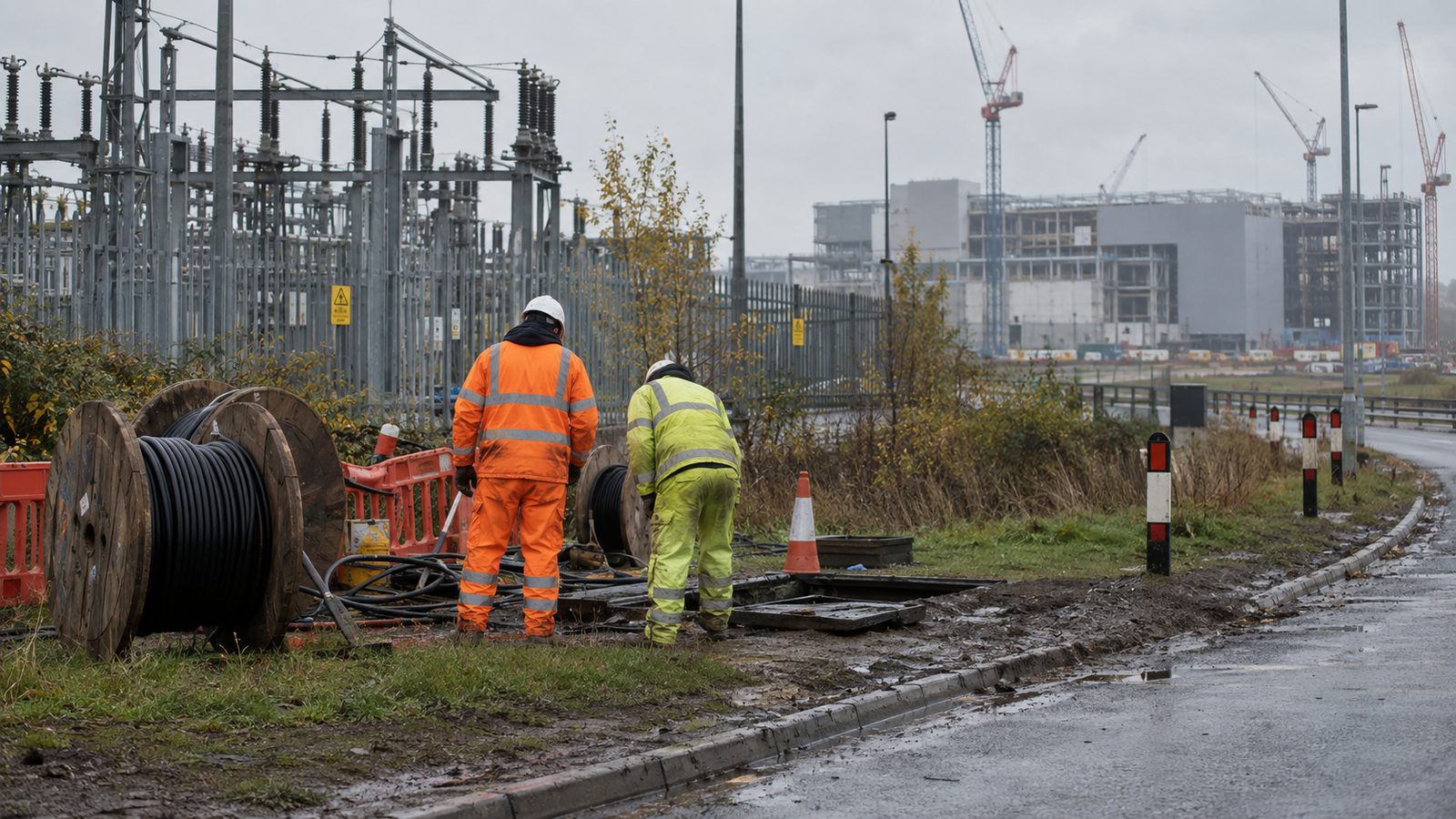 A realistic editorial photograph at the edge of a British industrial estate on an overcast autumn morning. Fibre contractors seen from behind inspect an open roadside duct beside cable reels, with a f