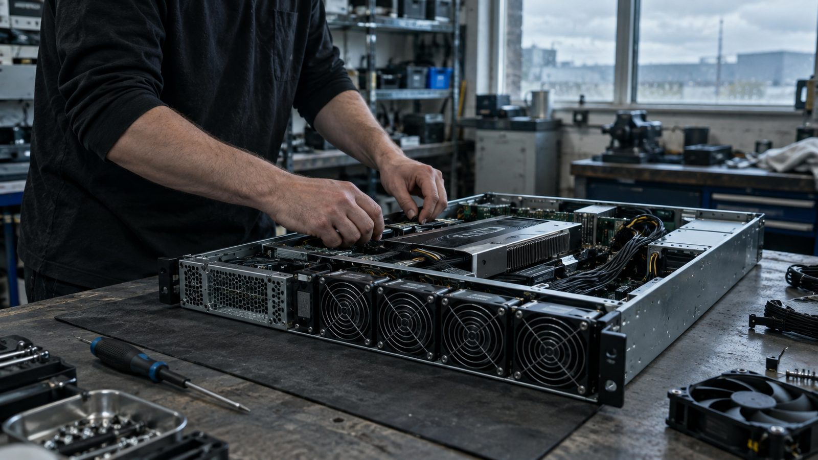A realistic editorial photograph inside a small British engineering firm's equipment workshop on an overcast afternoon. A technician, visible only from the shoulders down, checks an opened rackmount s