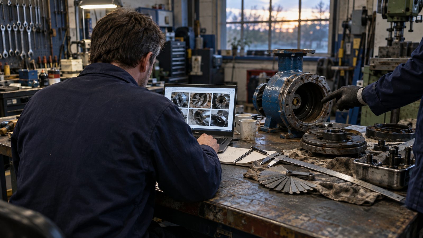 A surveyor seen from behind inside a small British engineering workshop, reviewing inspection photographs on a slim laptop beside a dismantled pump and neatly arranged measuring tools. A colleague's g