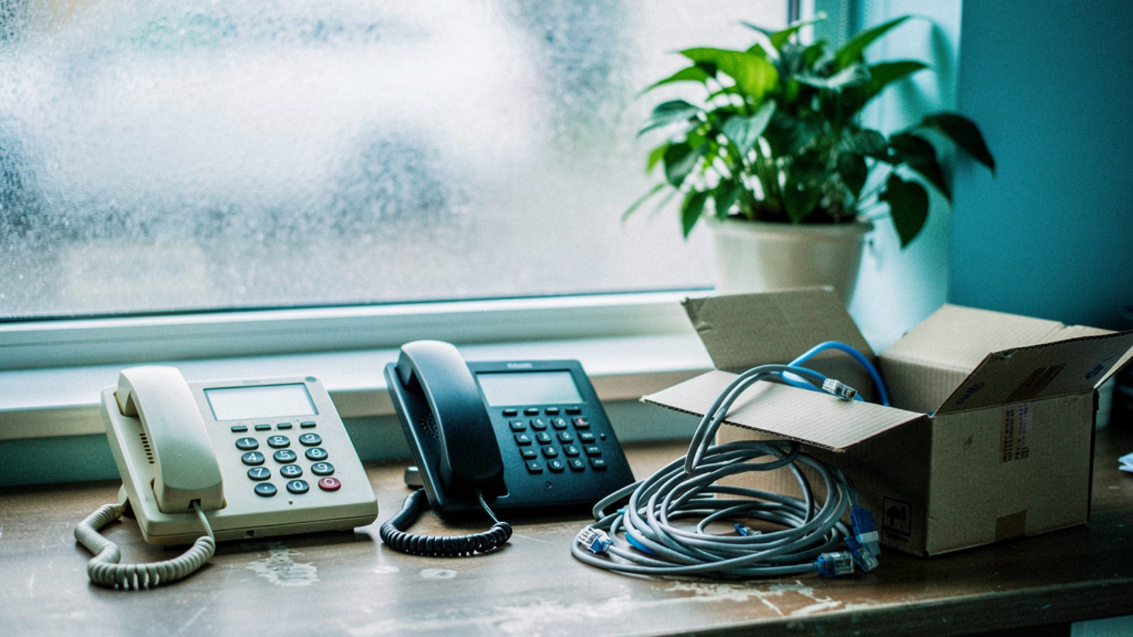 A small UK office reception desk at morning light, an old cream analogue telephone receiver resting beside a new black VoIP desk handset and a half-unpacked cardboard box with coiled cables, a wall ca