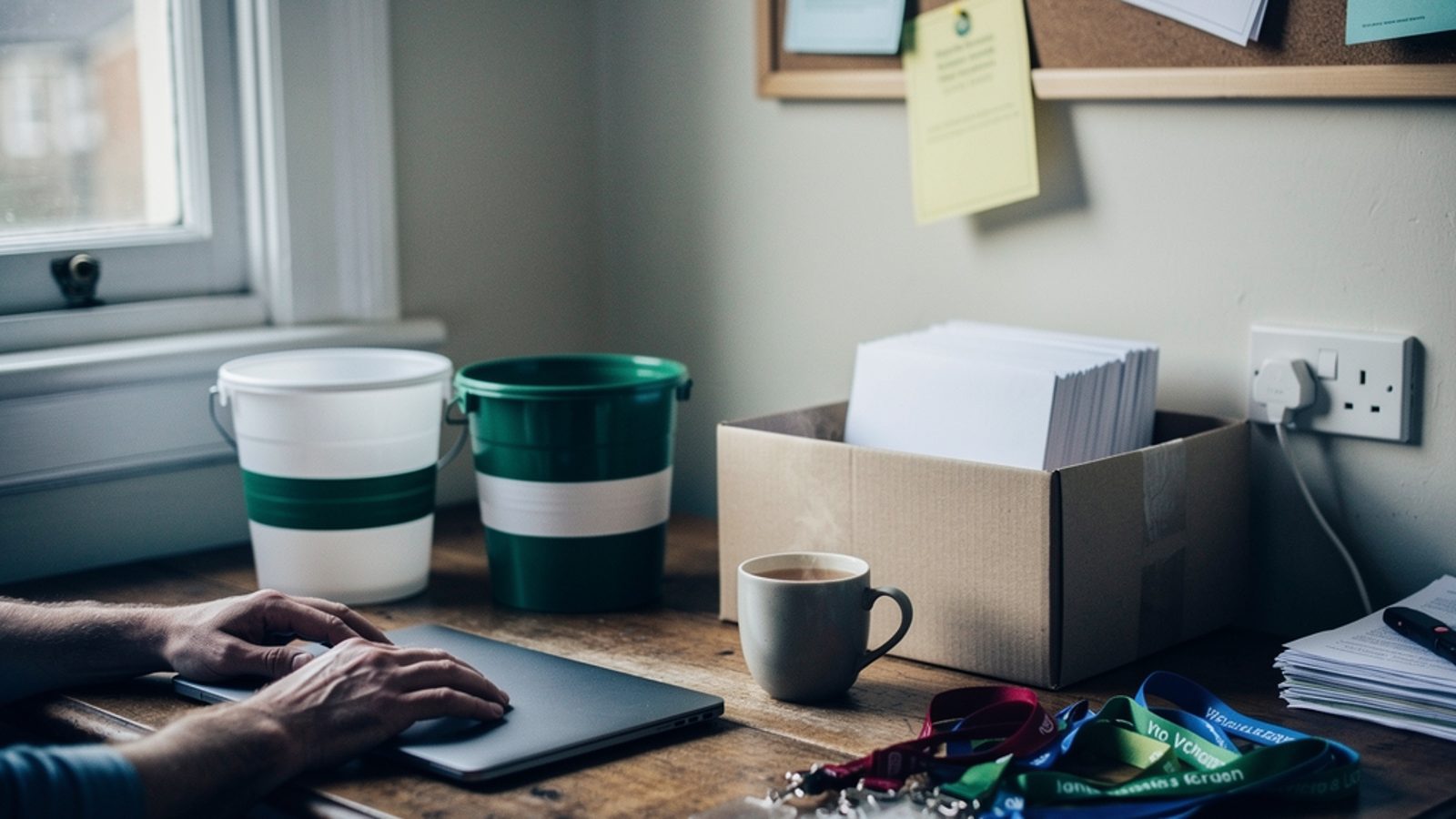 A small charity office at a converted terraced house, mid-morning light through a sash window, a volunteer fundraising manager at a laptop reviewing a donor spreadsheet next to a stack of paper collec