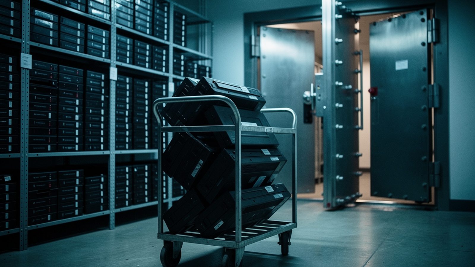 A secure offsite data vault storage room in the UK, rows of sealed fireproof backup media cases and archive boxes stacked on steel shelving, a technician's trolley loaded with cases in the foreground,