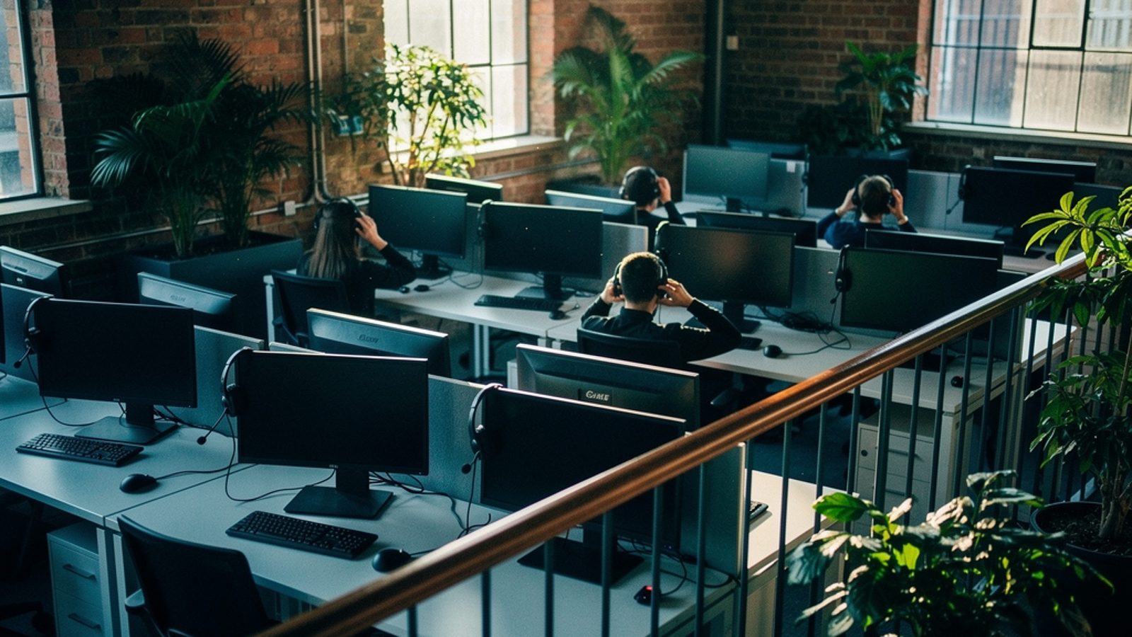 A UK contact centre floor in early morning light, rows of ergonomic desks with dual monitors and headsets, a large wall display showing queue and wait-time metrics in blue and teal, agents seen only f