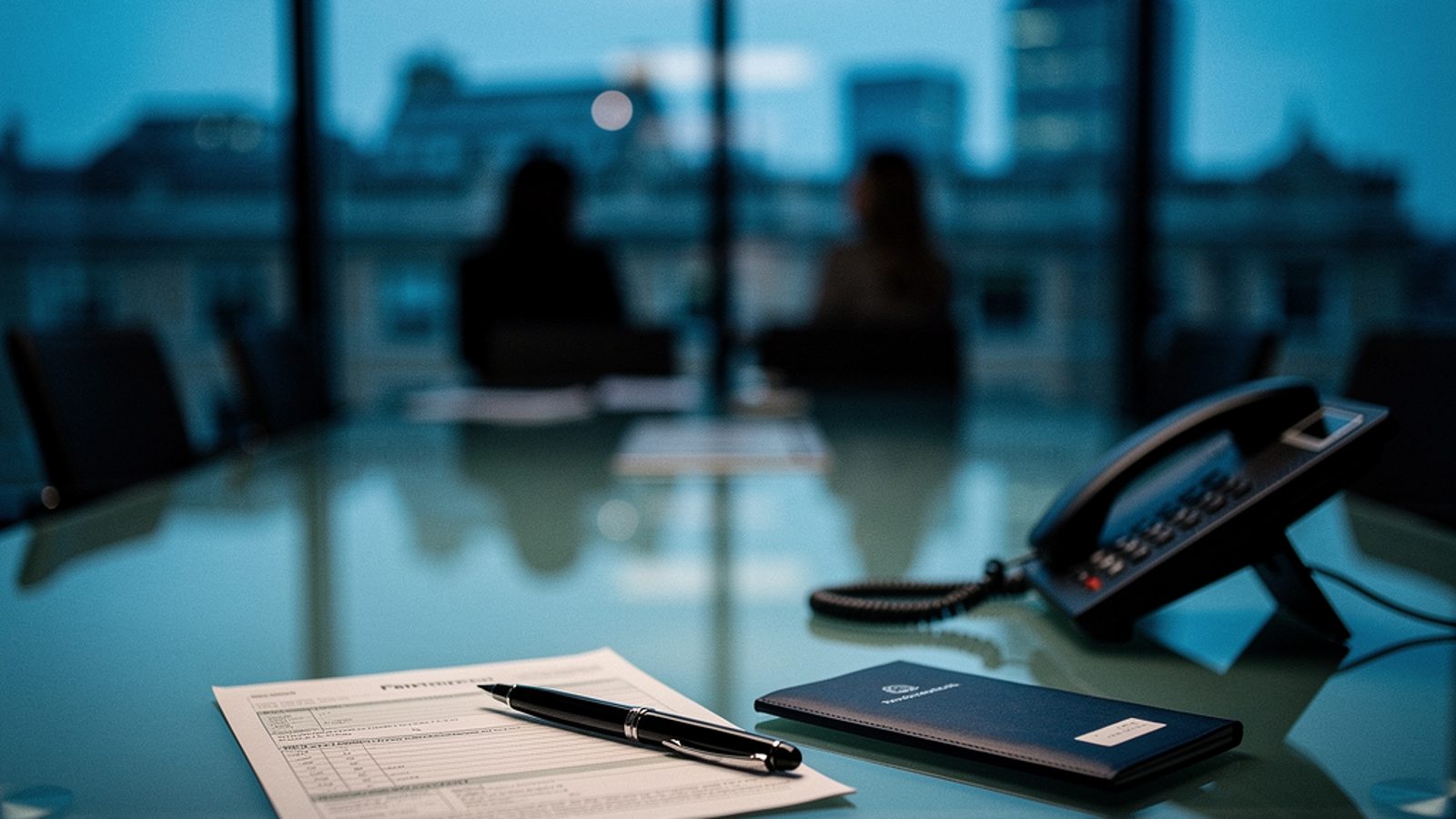 A finance office meeting room in the early morning, two people in business dress reviewing a wire transfer approval on a laptop screen at a glass table, city skyline visible through the window in soft
