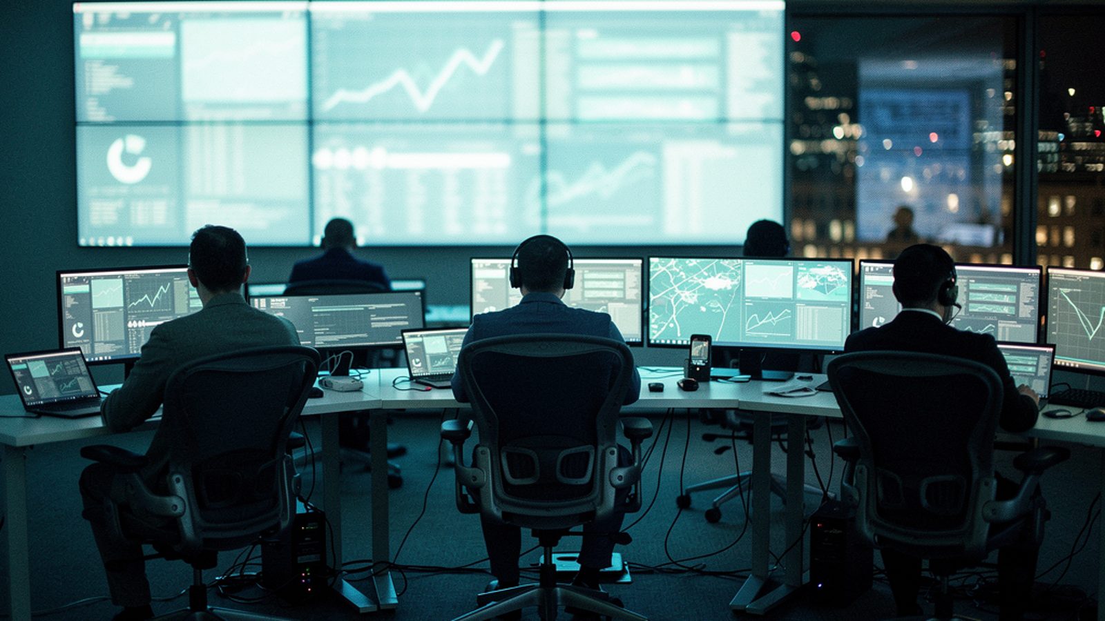 A darkened security operations centre at night, several analysts seated at curved desks facing a wall of monitoring dashboards showing line charts and log streams, blue and amber screen glow lighting