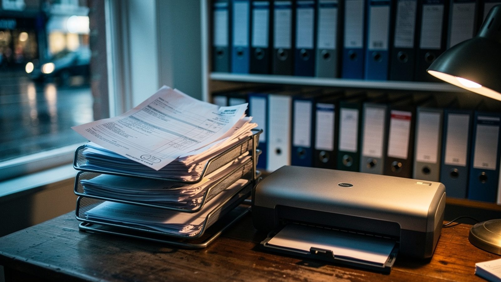 A UK estate agency finance back-office in early evening, a physical in-tray stacked with paper supplier invoices and stamped envelopes sitting beside a flatbed document scanner, box files lined up on