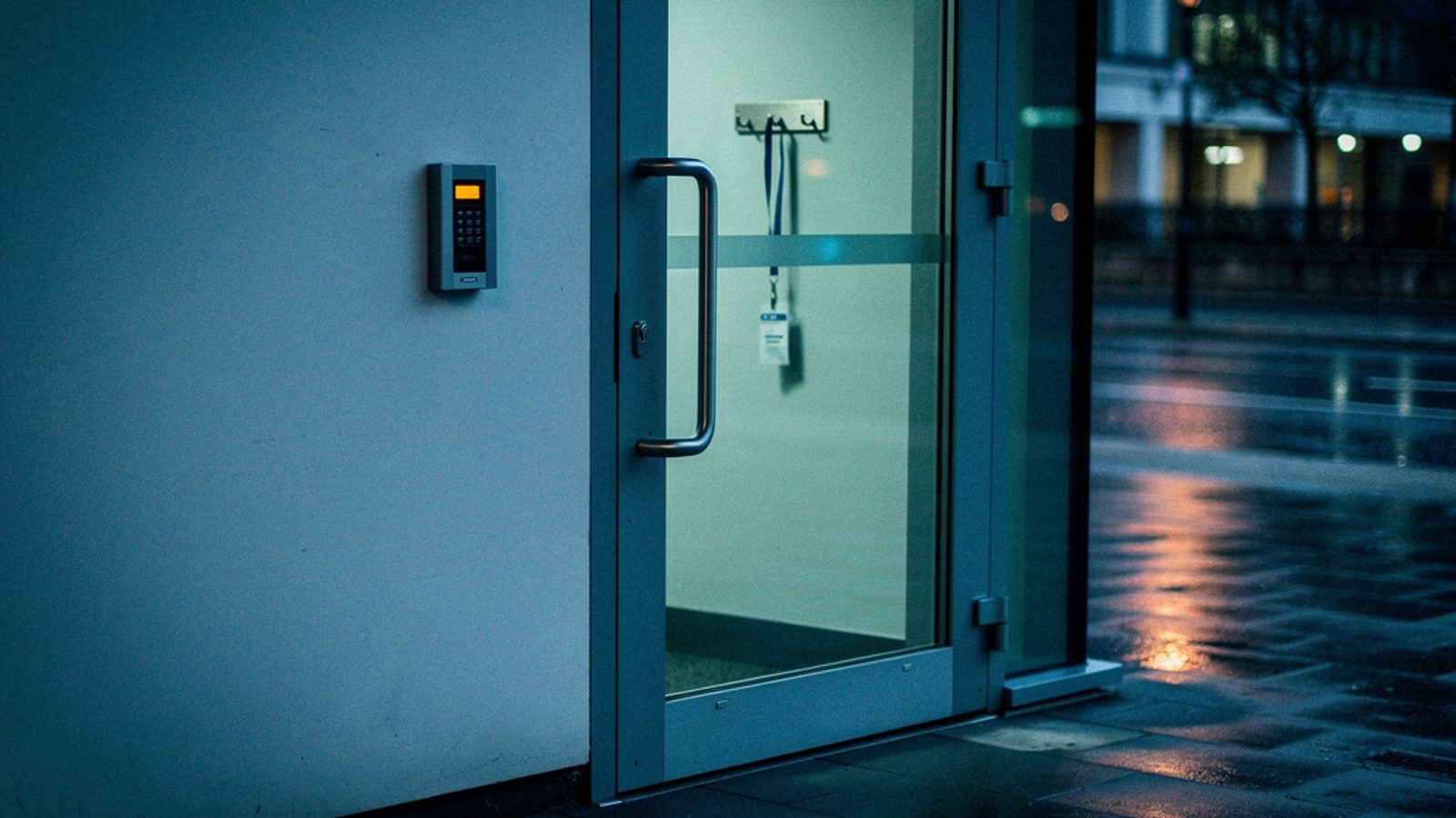 A modern UK office building's secure entrance at dusk, a keycard access control reader mounted beside a heavy glazed door, its small indicator light glowing amber, wet pavement reflecting nearby stree