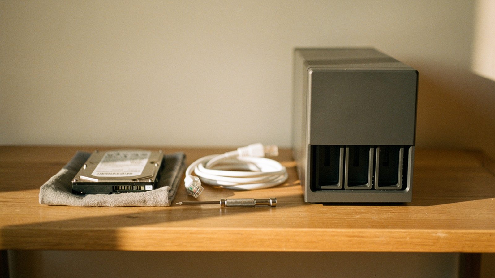 A tidy home-office shelf at eye level holding a small dark grey desktop NAS enclosure with its front drive bays open, one bare 3.5 inch hard drive resting on a soft cloth beside it, a coiled short eth