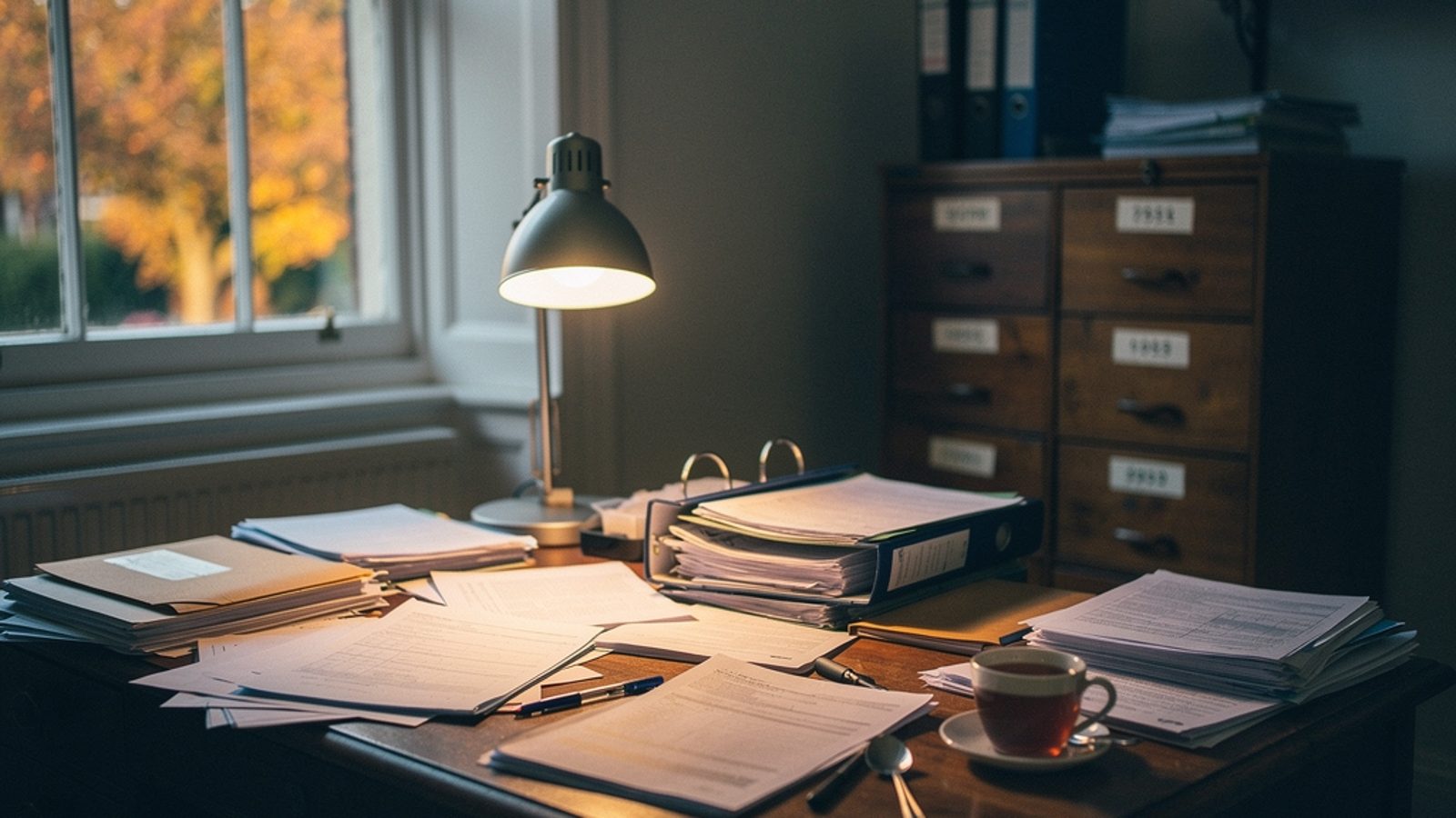 A small UK accountancy office on a British high street, late afternoon autumn light through the window, an accountant's desk with paper tax files, folders and a desk lamp, a filing cabinet in the back
