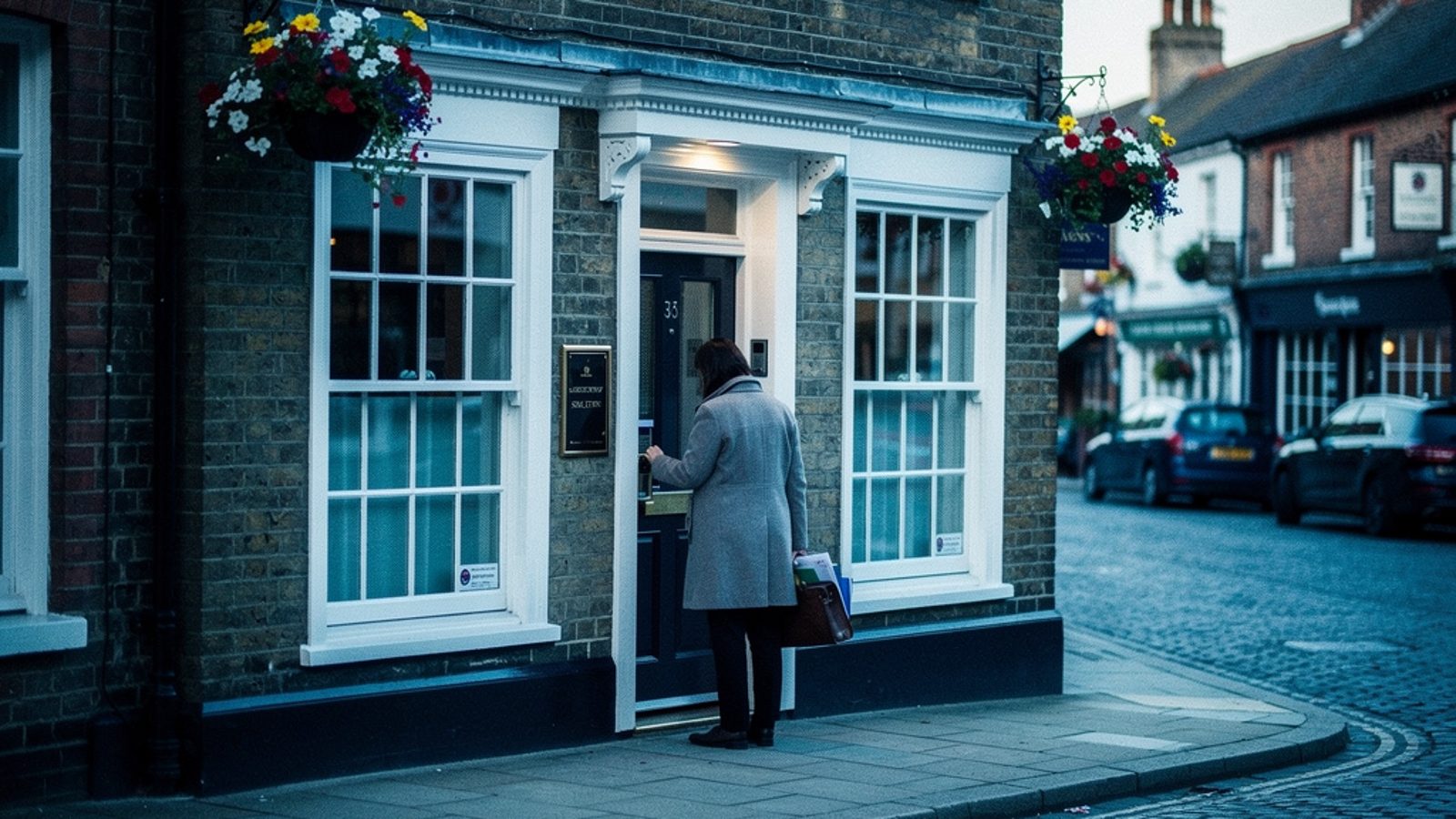 A small UK high-street solicitors' office from outside, on a quiet market town street, an SRA-style brass plaque beside the door, sash windows, early morning light, someone in outline unlocking the do