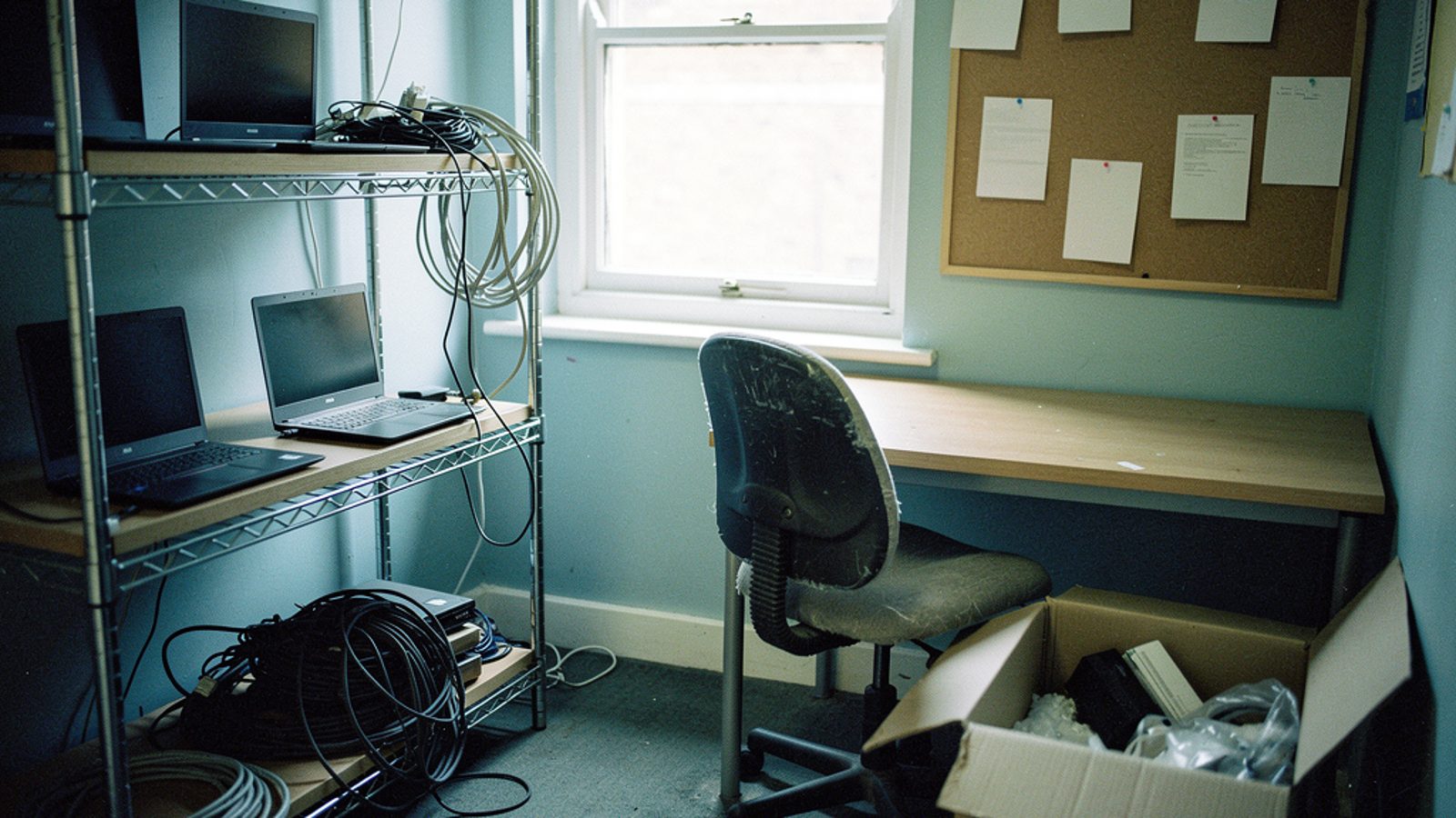 A small UK office storeroom repurposed as an IT corner, shelves holding a handful of spare laptops and a tangle of coiled network cables, an empty desk chair pulled out beside a cork noticeboard with