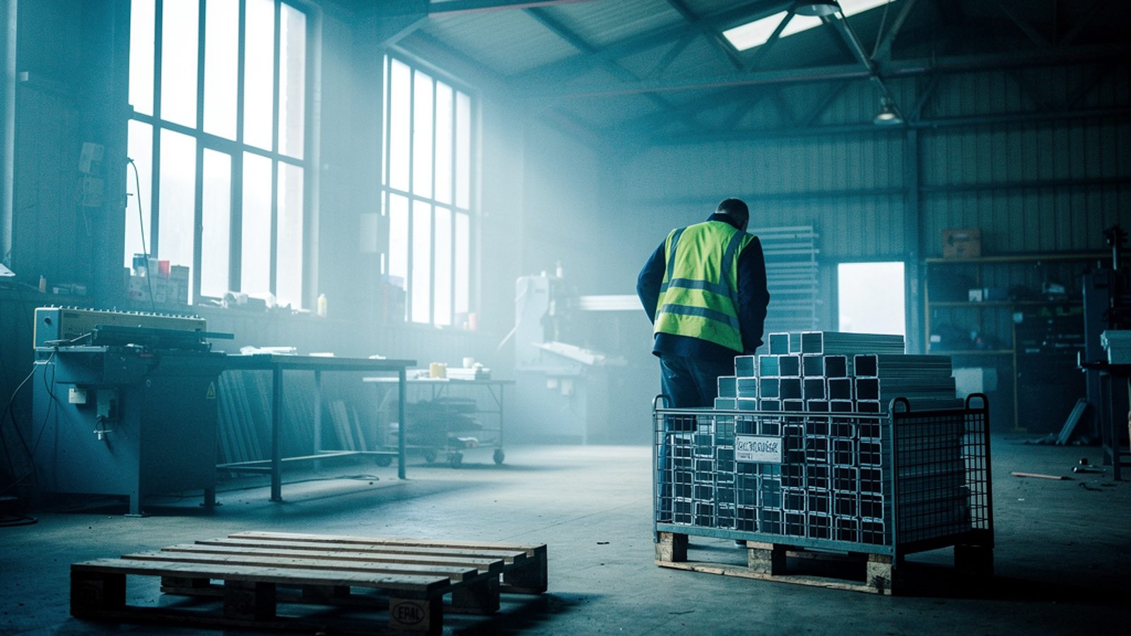 A small UK metal fabrication workshop in early morning light through tall factory windows. A worker seen from behind adjusts a CNC machine, sparks catching the light, finished aluminium brackets stack