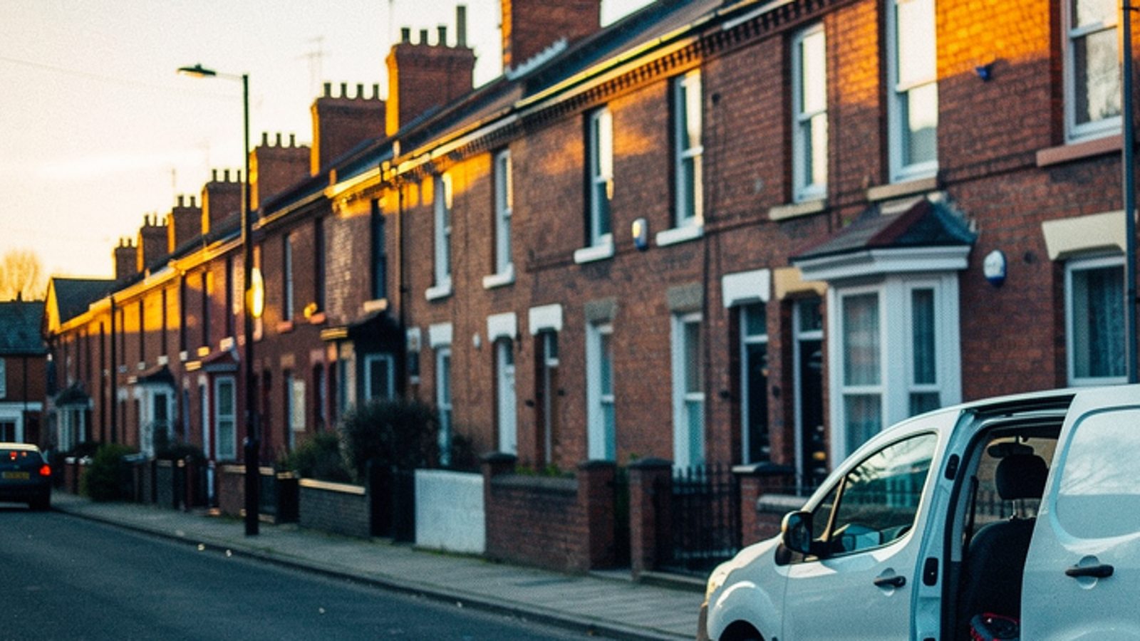 A red-brick Victorian terraced street in a UK town at golden hour. A small tradesperson's van is parked outside one house with its side door open, a folder of paperwork resting on the seat. A leaning