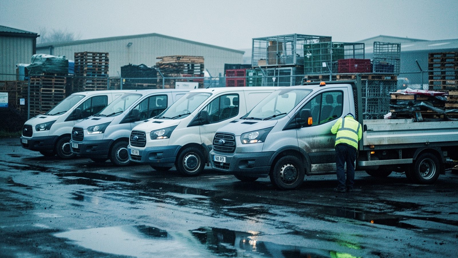 A row of liveried transit vans and a flatbed truck parked in a UK trade yard at early morning, wet tarmac reflecting an overcast sky, a driver seen from behind checking a wheel arch, ordinary yard clu