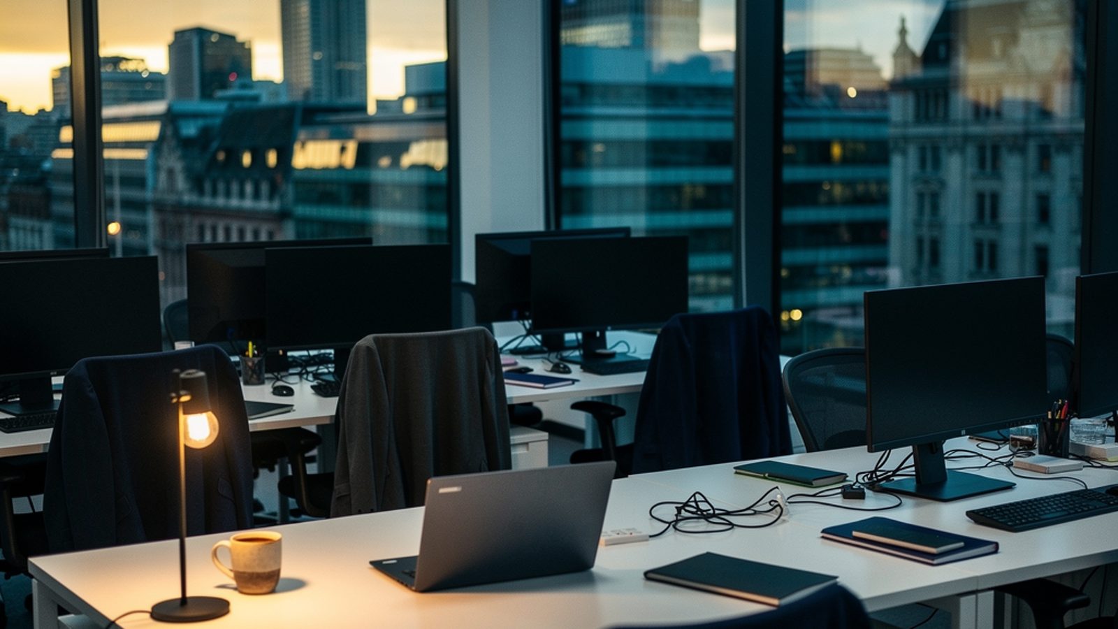 A London office at early evening, rows of empty ergonomic desks with dual monitors dimmed to standby, jackets left on chair backs, floor-to-ceiling windows showing the City skyline turning amber, one