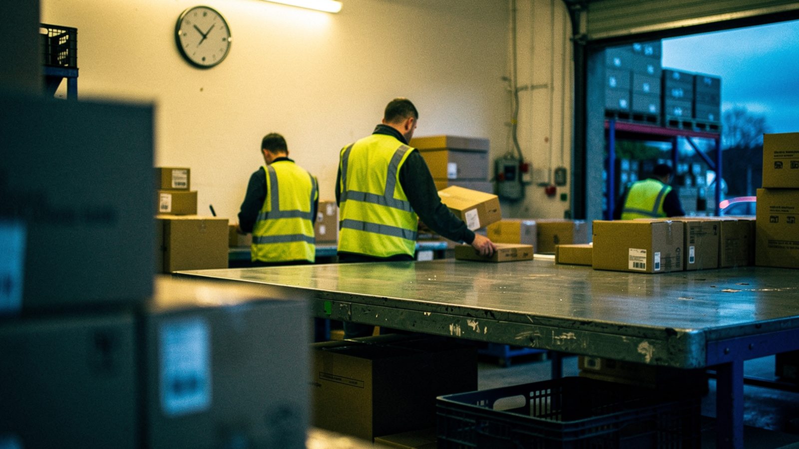 A small UK warehouse unit at dusk during a busy dispatch period, staff from behind packing cardboard parcels on a long steel table, stacked delivery boxes and courier crates in the foreground, a wall