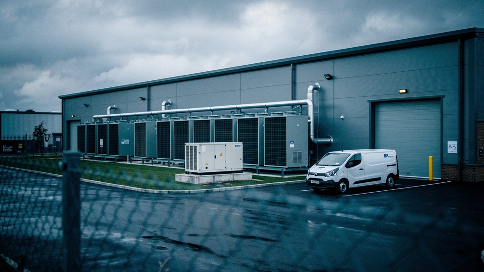 A colocation data centre building exterior on a business park in England at early morning, chain-link perimeter fencing, external cooling units and a standby generator along the building's side wall,