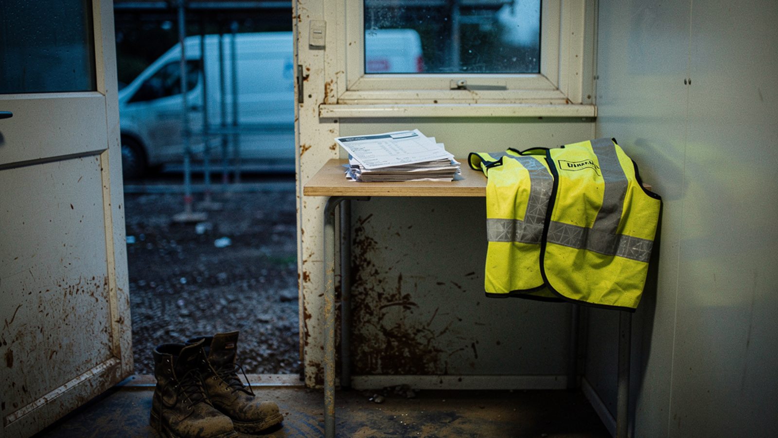 A weathered site cabin on a small UK residential building site at dusk, plywood desk with a stack of paper invoices and a hi-vis vest, muddy work boots by the door, out-of-focus scaffolding and a buil