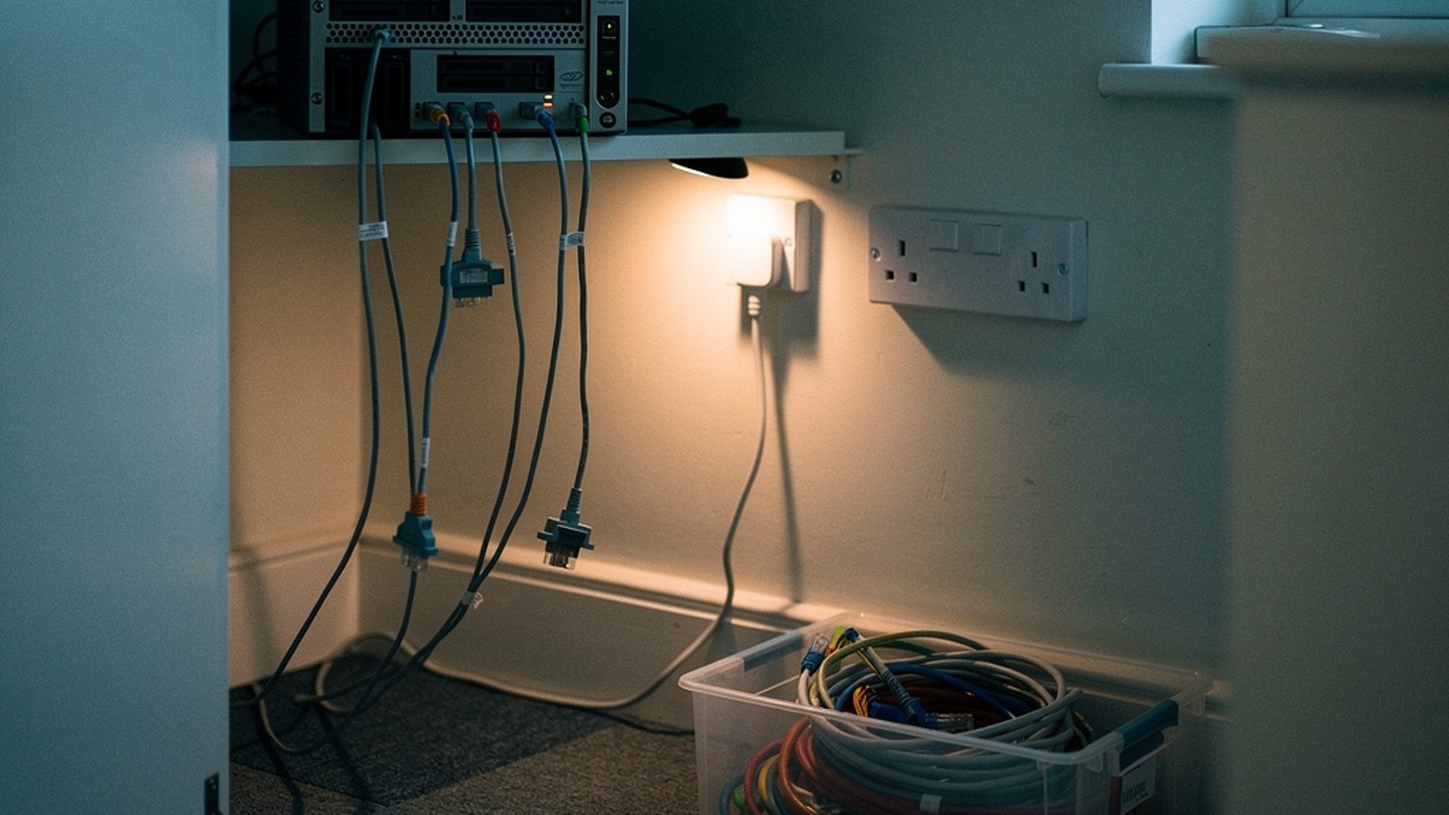 A small UK server room or comms cupboard at a modest office, early evening light through a window, a rack-mounted NAS or small server with a few visible drive bays and cables, a UK power socket and ca
