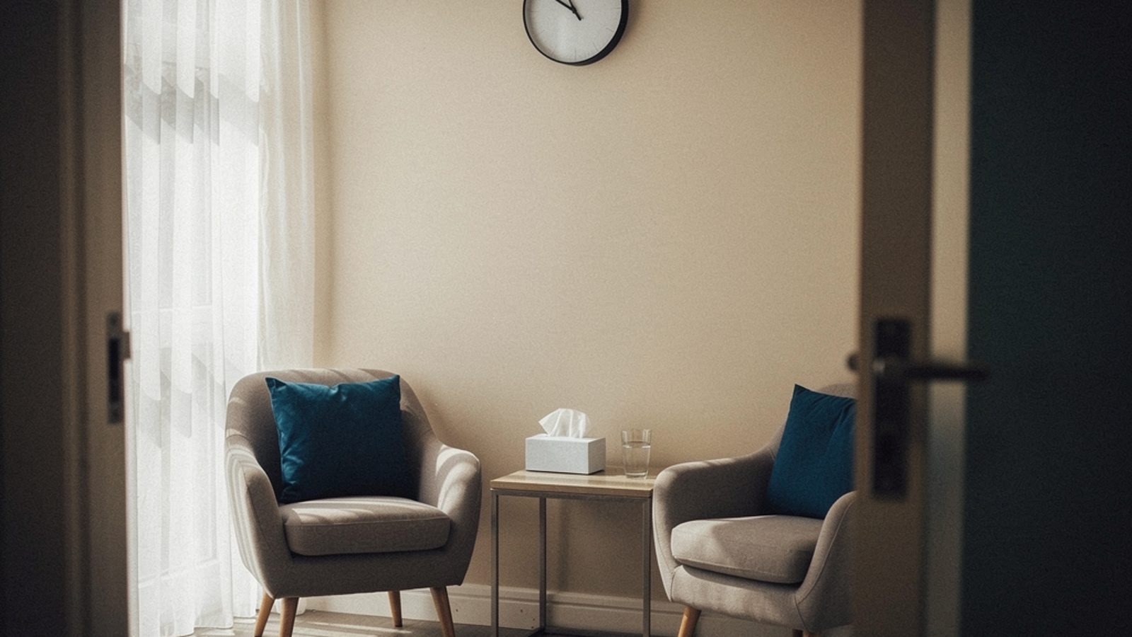 A quiet, softly lit UK counselling room seen from the doorway: two armchairs angled toward each other, a low side table with a box of tissues and a glass of water, a wall clock, soft daylight through