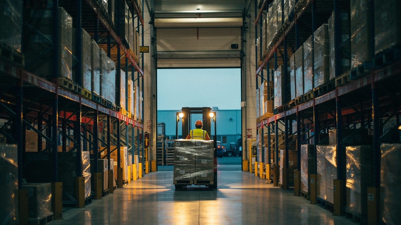 A UK third-party logistics warehouse at dusk, tall pallet racking stretching into the distance, a forklift carrying a wrapped pallet between two aisles, overhead sodium lighting warming the concrete f