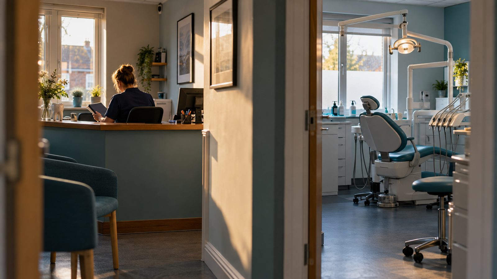 A realistic editorial photograph of a small UK dental practice reception and single treatment room seen from the corridor, warm morning light through a front window, a practice manager reviewing a clo