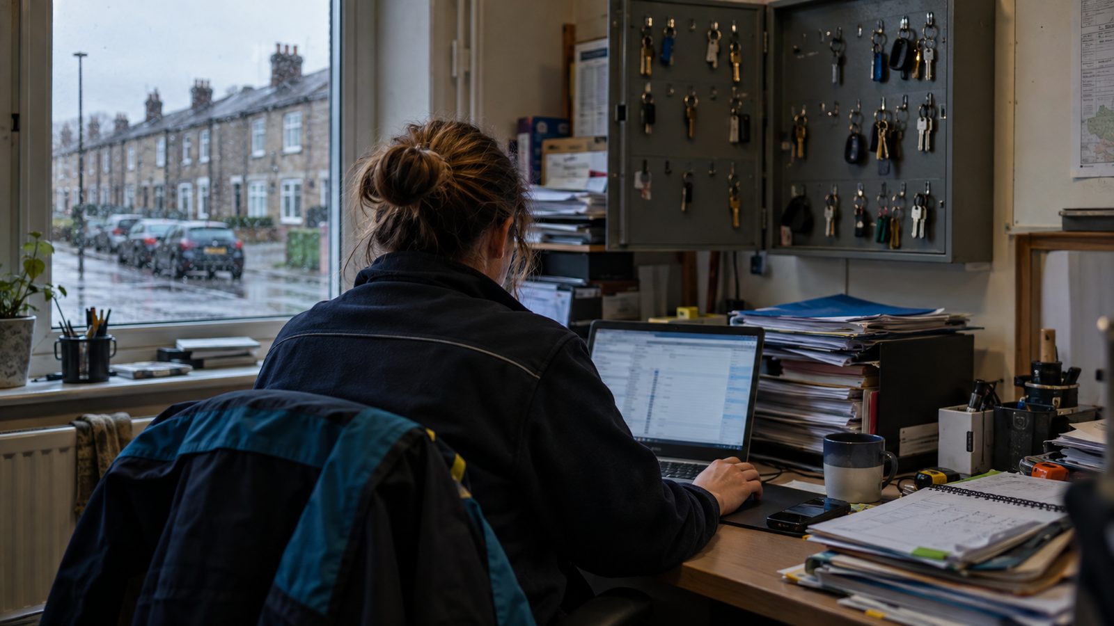 A UK housing association repairs officer at a laptop in a cluttered maintenance office, wall-mounted key cabinet and a stack of property folders behind, overcast morning daylight through a window, gre