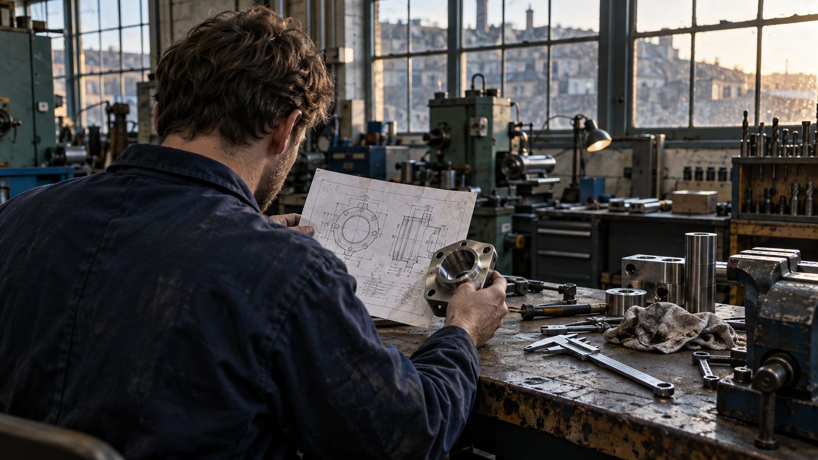 A small UK engineering workshop, someone seen from behind at a workbench checking a printed technical drawing against a machined metal component, other parts and tools laid out nearby, daylight throug