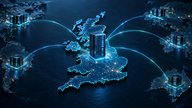 A blue and teal server enclosure on a stylised map of the United Kingdom, with illuminated connections extending to separate server clusters beyond its boundary, without text, logos or faces.