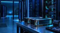 A realistic server room with accelerator modules on a workbench beside connected racks, lit in blue and teal, with no text, logos or faces.