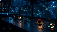 A compliance manager in a quiet London office at dusk reviews a printed data residency map beside an open laptop showing a plain, unbranded settings page. A marked UK region on the paper sits beside a