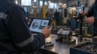 In a small UK manufacturer’s workshop, an engineer tests a tablet-based quality check beside a production line, comparing a close-up of a metal component with results displayed in a simple custom insp