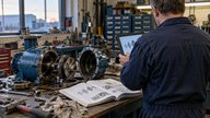 A maintenance supervisor seen from behind searches technical documents on a rugged tablet beside a dismantled industrial pump in a British engineering workshop. Open service manuals, labelled componen