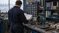 Inside a British engineering distributor’s parts room on an overcast morning, an employee photographed from behind compares a printed maintenance manual with a tablet beside a dismantled industrial pu