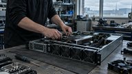 A realistic editorial photograph inside a small British engineering firm's equipment workshop on an overcast afternoon. A technician, visible only from the shoulders down, checks an opened rackmount s